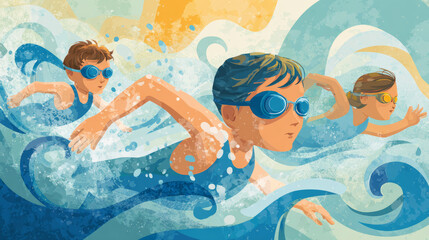 Another illustrated poster design promoting swimming lessons for children, focusing on skill development and training