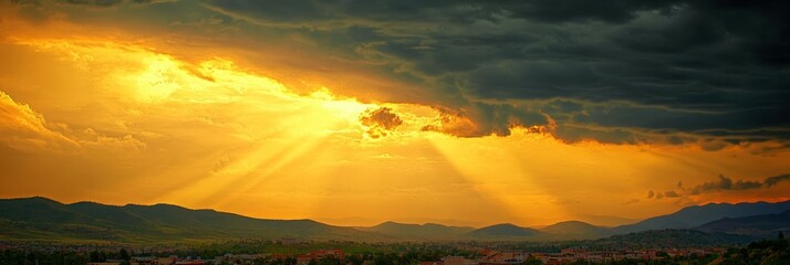 Golden Sunlight Breaking Through Dark Storm Clouds Over a Serene Scenic Landscape at Dusk