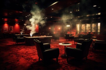 Smoke rising from humidors in a luxurious cigar lounge with red carpet, leather furniture, and warm lighting creates an opulent atmosphere