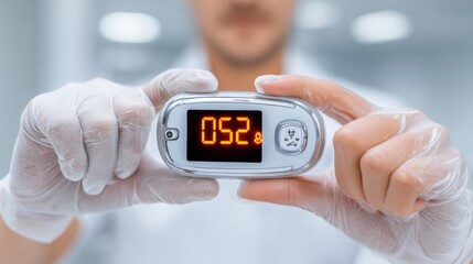 Medical Monitoring: A medical professional's hands gently cradle a pulse oximeter, showcasing a reading indicative of health metrics. This image illustrates the vital role of medical tools.