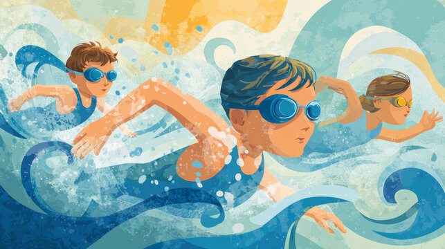 Another illustrated poster design promoting swimming lessons for children, focusing on skill development and training