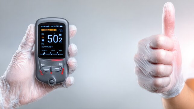 Glucose Monitor Approval: A medical professional uses a glucose monitor, with a thumbs-up, signifying approval, and presenting a medical technology instrument.