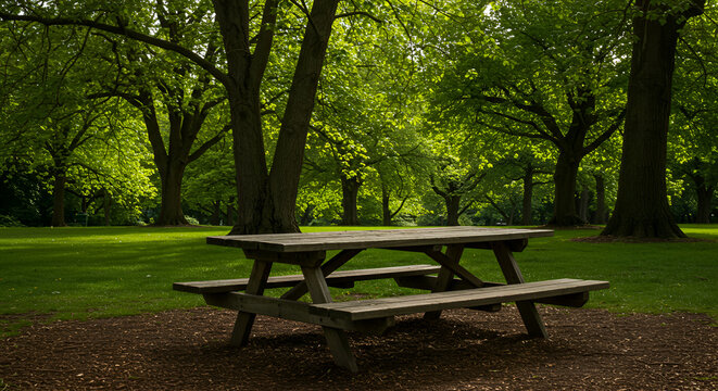 Wooden picnic table in a lush green park, perfect for outdoor meals