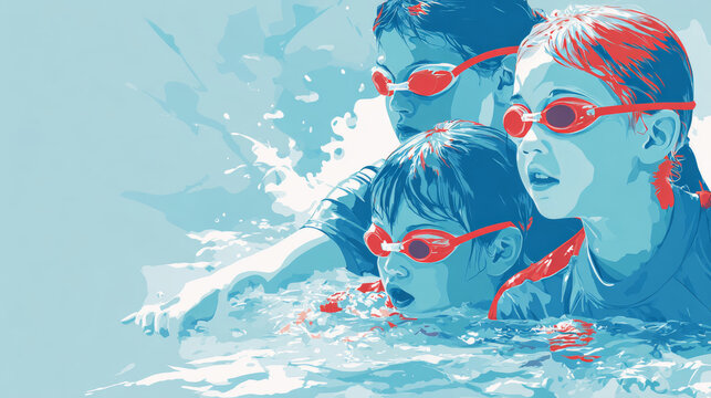 Another vector-based promotional graphic for children’s swim classes, emphasizing structured coaching - Powered by Adobe