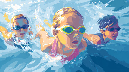 Another vector-based promotional graphic for childrenâ€™s swim classes, emphasizing structured coaching
