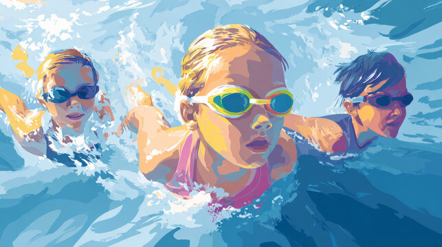 Another vector-based promotional graphic for childrenâ€™s swim classes, emphasizing structured coaching
