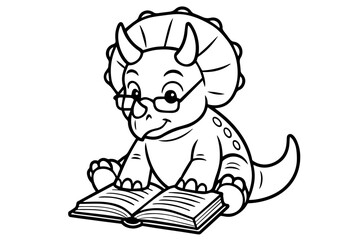 Librarian Triceratops Dinosaur Reading a Book Isolated Vector Coloring Page