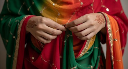 Fototapeta premium Woman adjusting colorful traditional attire with henna designs, symbolizing India independence day 