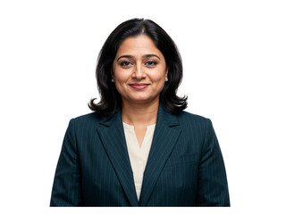 Confident indian businesswoman wearing a pinstripe suit and smiling warmly isolated on transparent background