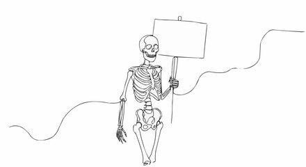 Fototapeta premium A skeleton holding a blank sign, walking up winding stairs.