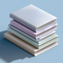 Stack of pastel books hardcover isometric view minimal style soft shadow blue background clean modern calm education