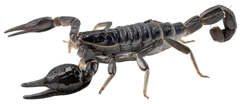 Full‑body high‑resolution scorpion isolated on seamless transparent background PNG cutout ideal for wildlife education infographics, desert creature identification guides, nature‑themed graphic design