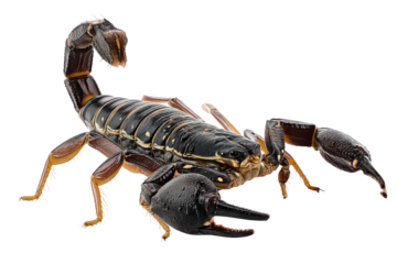 Full‑body high‑resolution scorpion isolated on seamless transparent background PNG cutout ideal for wildlife education infographics, desert creature identification guides, nature‑themed graphic design