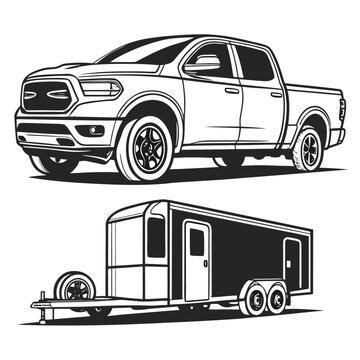 Modern pickup truck towing enclosed trailer vehicle transportation