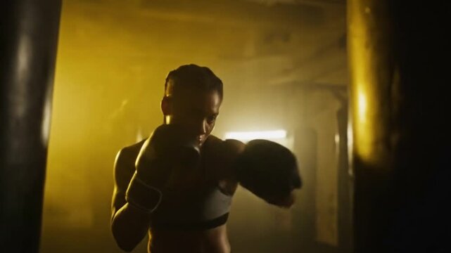 Black female boxer hits punching bag in gritty dark gym