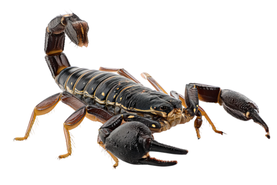 Full‑body high‑resolution scorpion isolated on seamless transparent background PNG cutout ideal for wildlife education infographics, desert creature identification guides, nature‑themed graphic design