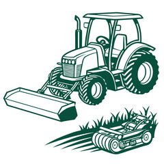 Naklejka premium Green tractor mowing grass mower agriculture