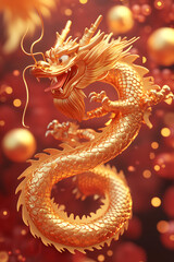 Fototapeta premium Majestic golden dragon coiling amidst vibrant red background with festive orbs, symbolizing prosperity