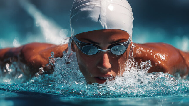 A female swimmer wearing a white swim cap and goggles executes the freestyle stroke in an outdoor pool