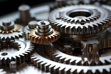 Metallic gears interlock and rotate, showcasing the intricate workings of a complex machine