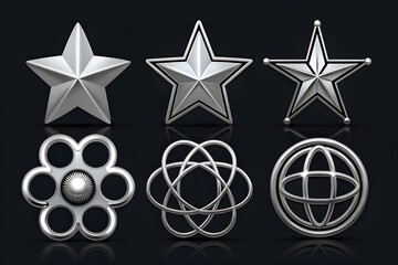 Collection of Silver 3D Geometric Shapes and Stars