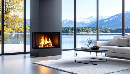 Modern living room with fireplace and lake view