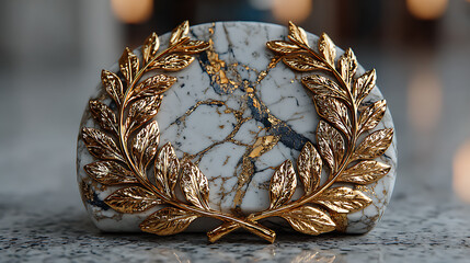 Elegant golden laurel wreath on marble base with natural light