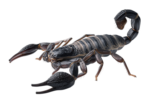 Full‑body high‑resolution scorpion isolated on seamless transparent background PNG cutout ideal for wildlife education infographics, desert creature identification guides, nature‑themed graphic design