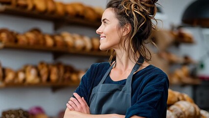 Smiling female baker with curly hair, wearing an apron, stands confidently in a bakery surrounded by freshly baked bread, showcasing the warmth and inviting atmosphere of artisanal baking