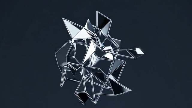 Abstract silver geometric shape against a dark gray background. The shape is composed of many sharp angles and points, creating a dynamic and complex form.