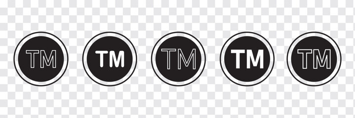 TM icon. Set of tm icons. Trademark symbols. Line trade marks. Signs of copyright. Logo for patent and trademark isolated on transparent background. Vector