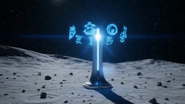AI Language Beacon on Moon Surface &mdash; Holographic Signal Tower Pulsing Data