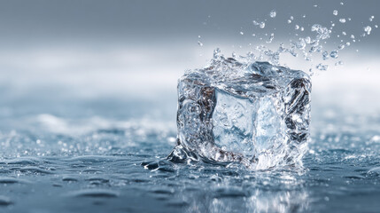 A melting ice cube and cold water background symbolizes climate change, cold therapy, and mindfulness practices
