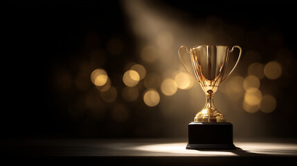 Glowing Gold Trophy on Velvet Podium with Dramatic Spotlight and Subtle Bokeh