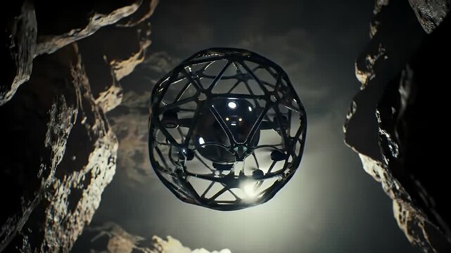 Futuristic Drone with Protective Sphere Exploring Dark Cave with Rock Formations and Soft Lighting for Adobe Stock