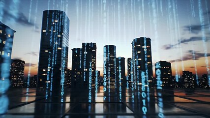 Futuristic Digital Cityscape with Matrix Code Overlay at Twilight Reflecting Modern Networked Urban Center - Powered by Adobe