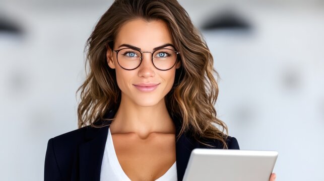 Modern Professional: A striking portrait of a confident and stylish woman, exuding professionalism and intelligence, holding a tablet. Her glasses and sleek attire underscore her poised demeanor.