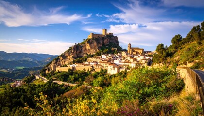 Fototapeta premium Panoramic view of a hilltop town with a castle