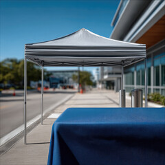 Pop up tent outdoor street blue tablecloth modern building sunny urban canopy event empty