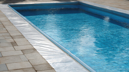 A pool cover serves as protection from debris and aids in temperature control, with ample copy space included