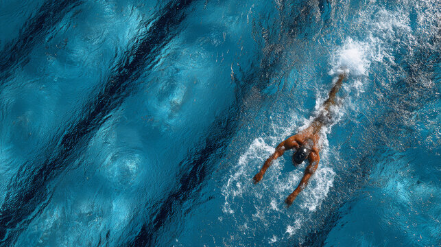 A professional male swimmer seen from above trains for a championship by practicing the freestyle stroke