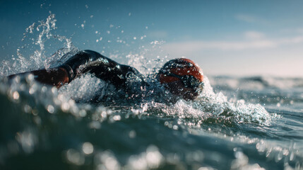 A professional triathlete swims freestyle in open ocean waters while wearing a wetsuit, highlighting strength and technique