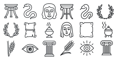 Collection of symbols and icons, including a snake, a woman, and a vase. Scene is one of ancient Greek culture and mythology