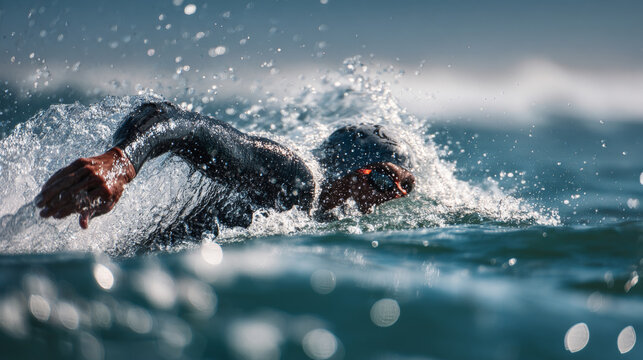 A professional triathlete swims freestyle in open ocean waters while wearing a wetsuit, highlighting strength and technique