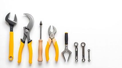 A collection of essential hand tools such as wrench, pliers, hammer, screwdriver, and clamp arranged on a white background. Ideal for repair, DIY, construction, or engineering themes