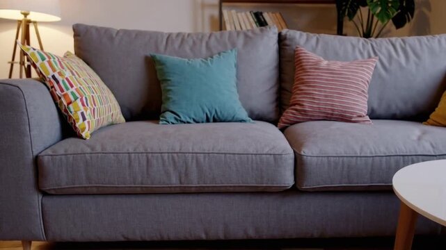Comfortable gray sofa with colorful pillows in cozy living room