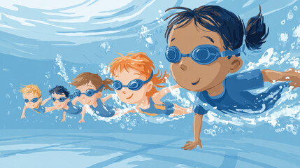 A promotional vector graphic for childrenâ€™s swim lessons featuring concepts of training, coaching, and aquatic education