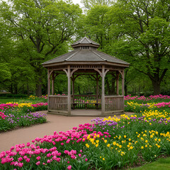Obraz premium Charming wooden gazebo in a lush green garden, peaceful and inviting