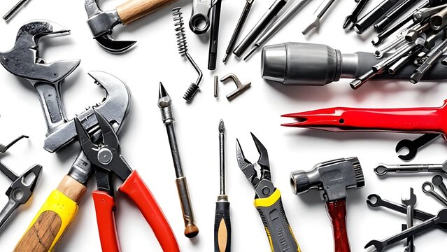 A collection of essential hand tools such as wrench, pliers, hammer, screwdriver, and clamp arranged on a white background. Ideal for repair, DIY, construction, or engineering themes