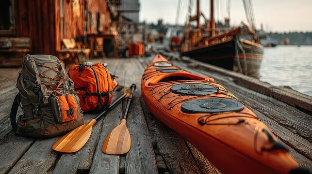 Boating and kayaking equipment  as life vests, dry bags, paddles, bilge pumps, deck bags, and safety kits for recreational watercraft excursions